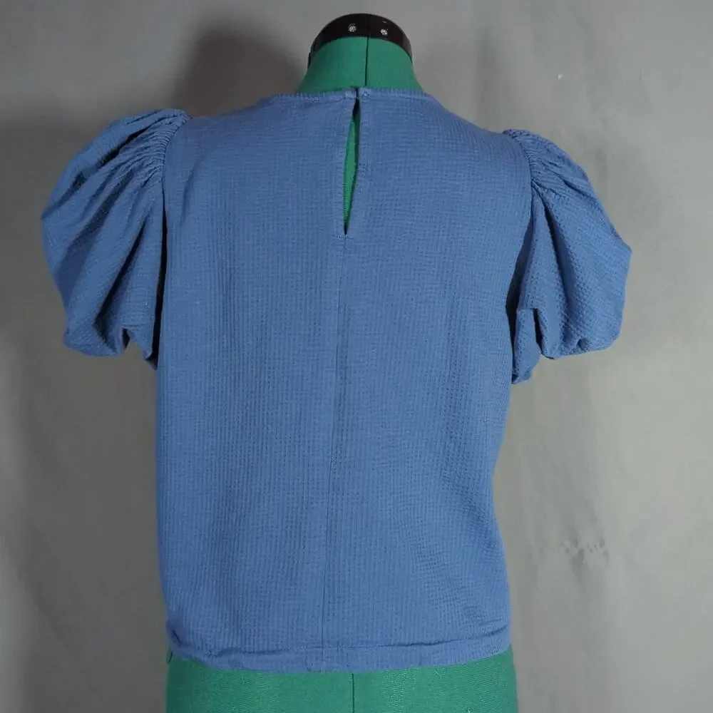 Boden Blue Puff Sleeve Textured Cotton Top US 12 Romantic Cottagecore